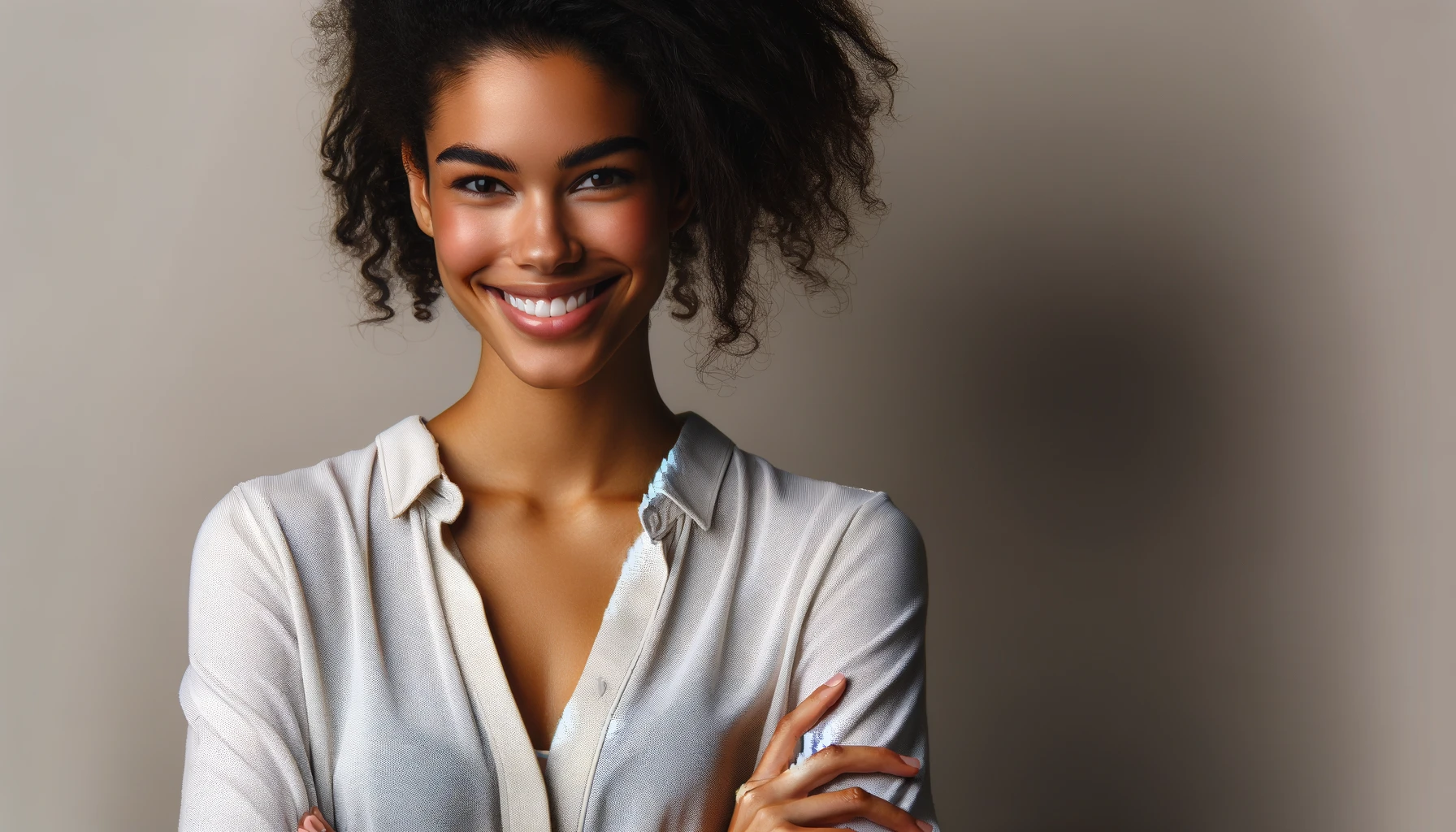 a beautiful smiling young multiethnic woman looking at the camera with crossed arms